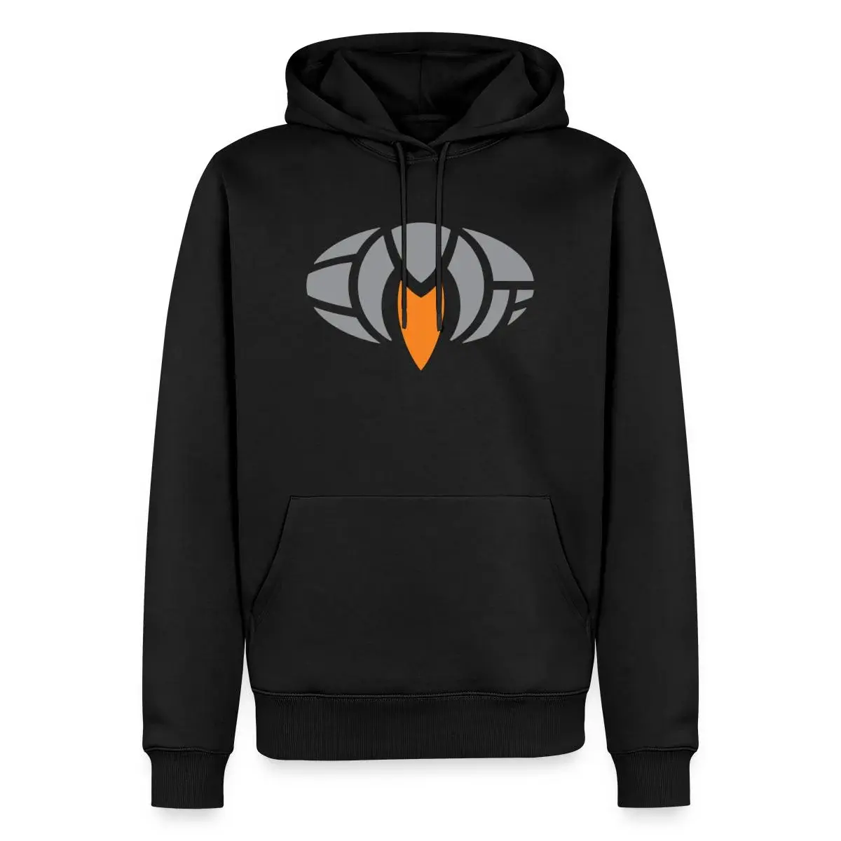 Black men's hoodie with the grey and orange EMP2 geometric logo printed large on the chest.