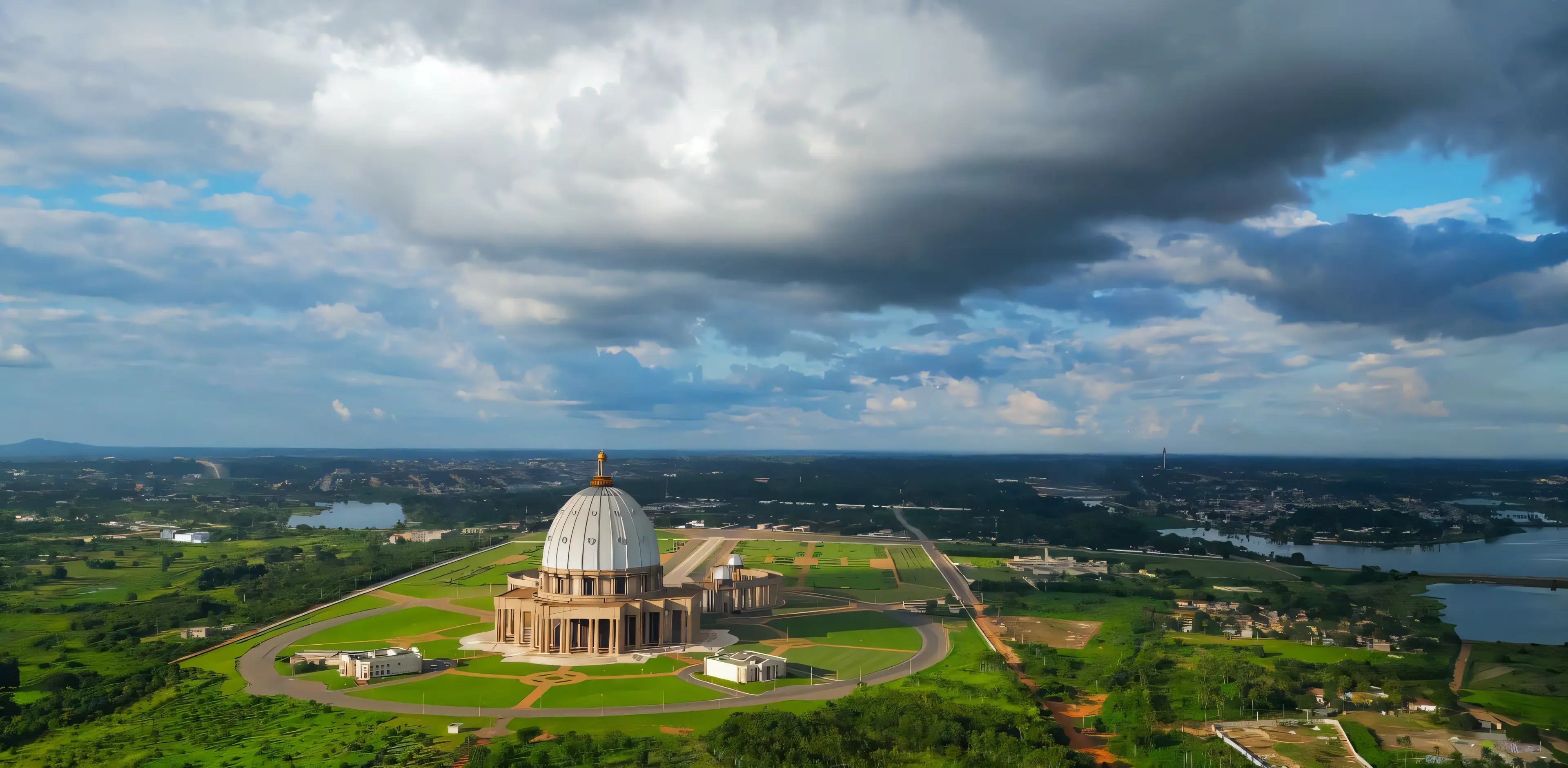 A wide aerial view of the Basilica of Our Lady of Peace in Yamoussoukro under a dramatic, storm-lit sky, with a lake and the city stretching to the horizon.