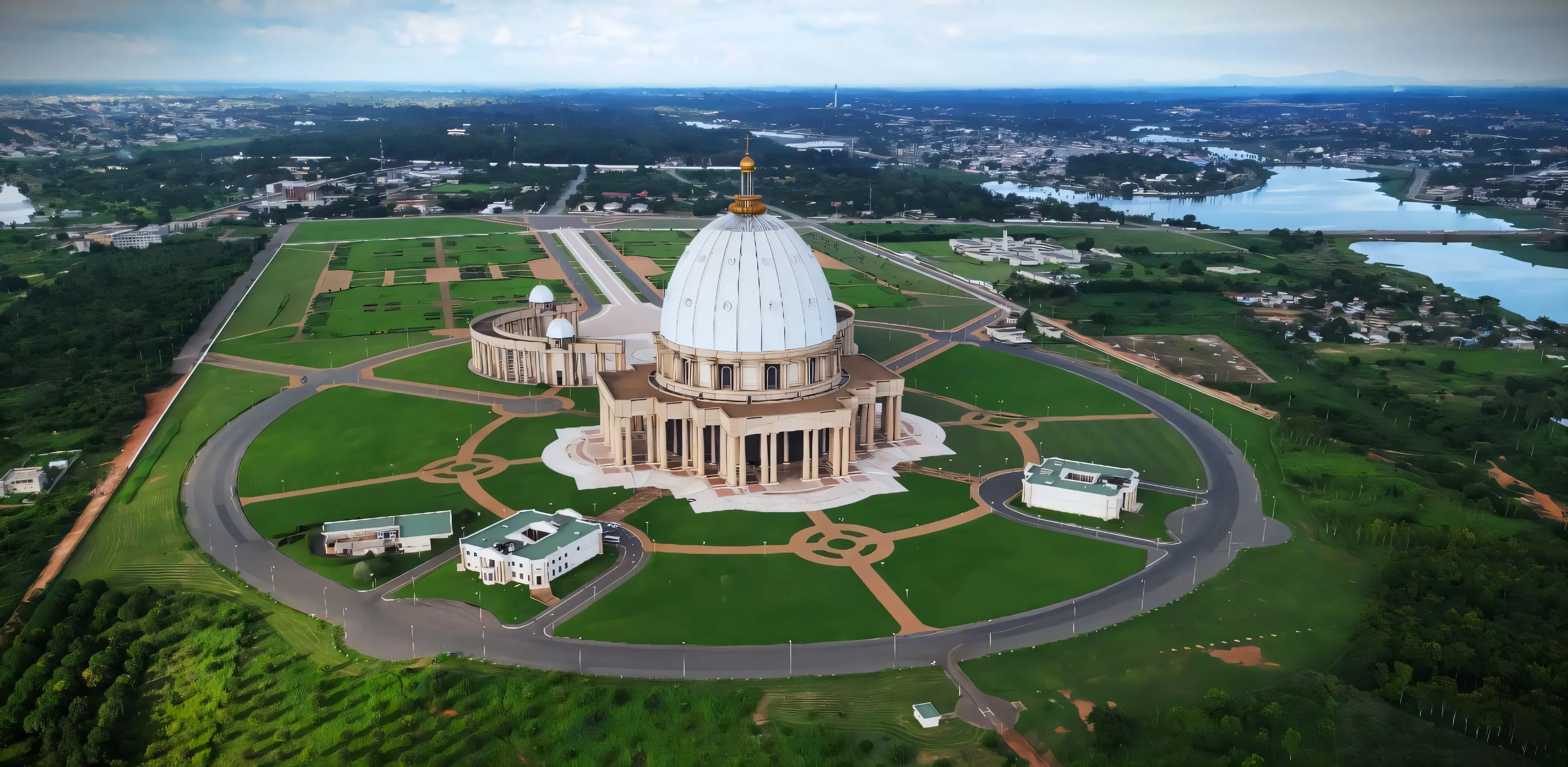 Aerial drone view of the Basilica of Our Lady of Peace in Yamoussoukro, its huge white dome and colonnade surrounded by manicured lawns and a lake.