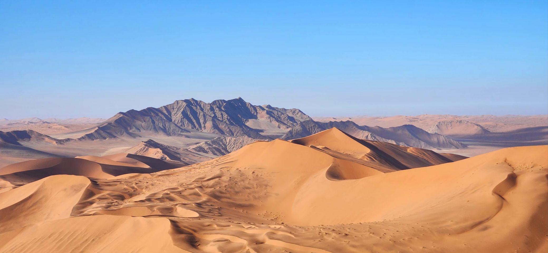 The view from the ridge of Big Daddy Dune, dune after dune stacked toward the mountains, with Deadvlei's white pan below.