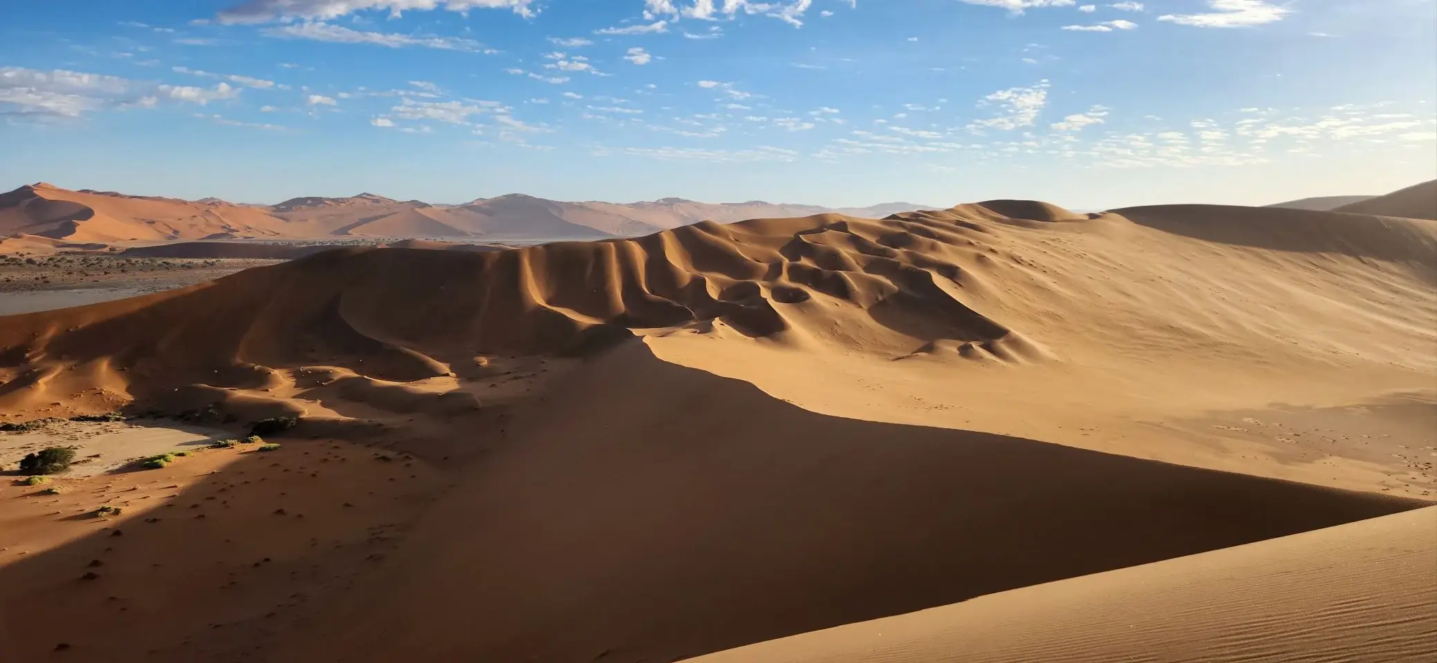 A wide, sweeping view of the Sossusvlei dunes under a bright sky, ridgelines receding into haze.